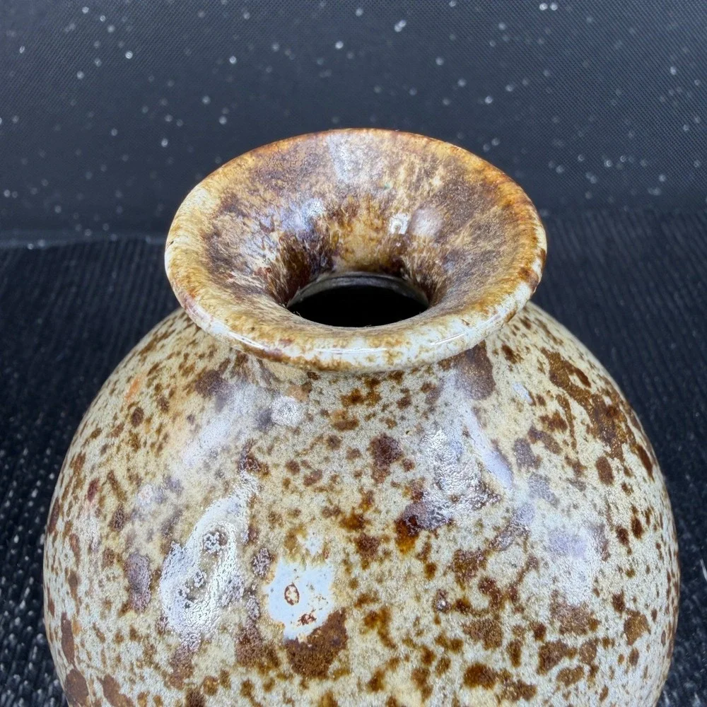 Joan Signed Studio Pottery Bud Vase Speckled Brown Tan Stoneware 3 Inch Small